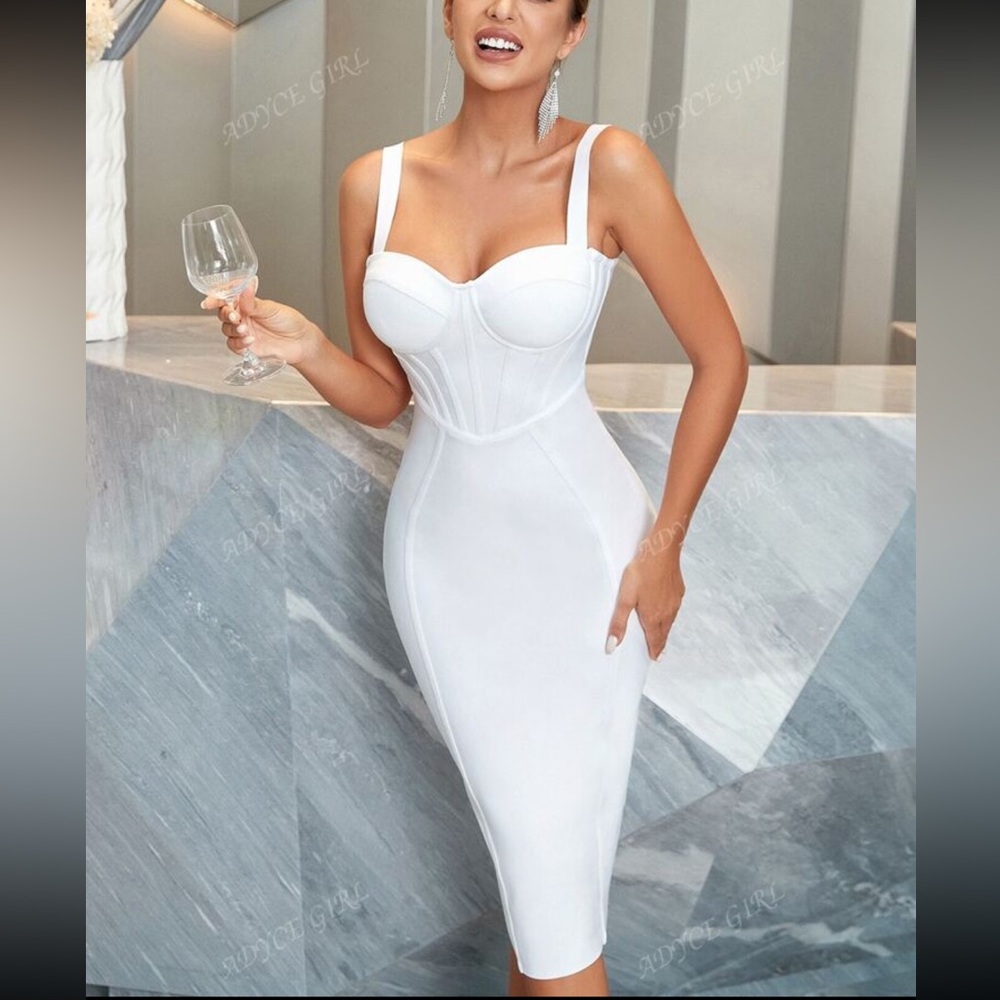 ADYCE Bustier Zip Back Midi Cami Bodycon Cocktail Party Bandage Dress White